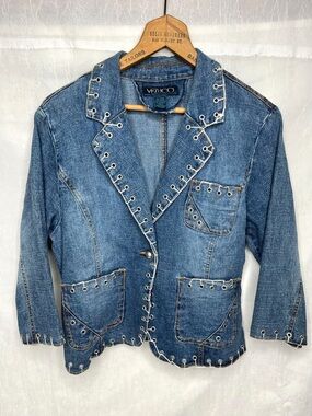 Vintage Vezucci Blue Denim Jean Jacket Women's Size Large White Rope Western
